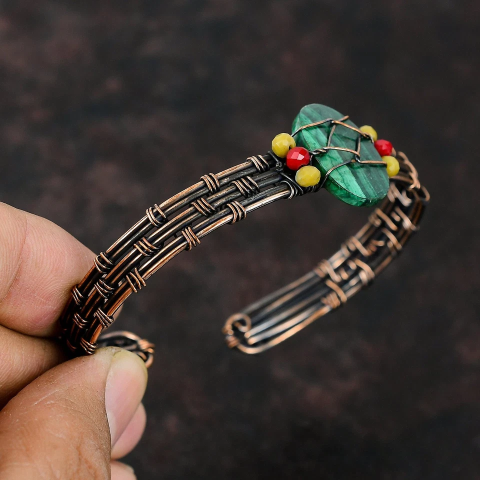 Brazalete madre cuentas coral amarillo y rojo piedra malaquita rusa cobre joyería Foto 4 de 4