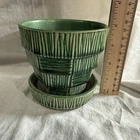 Vtg McCoy Pottery Green Basketweave Planter Pot 4” Tall  w/Attach Saucer