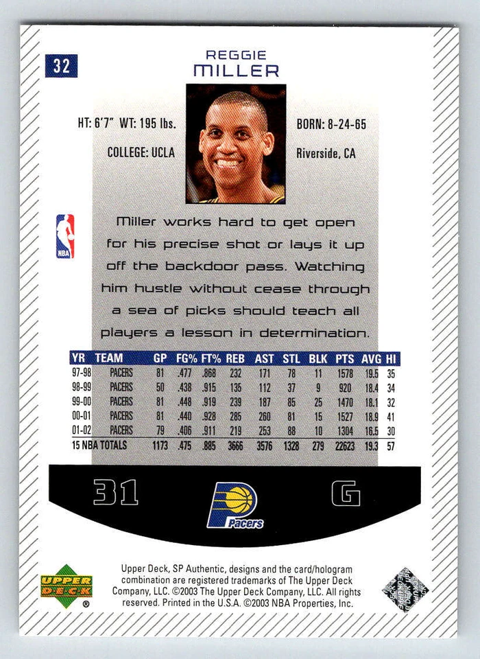 2002-03 SP Authentic #32 Reggie Miller (ref 199972) - Image 2 of 2