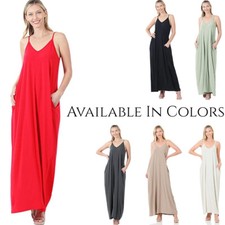 Zenana V-Neck CAMI Maxi Dress with Side Pockets and Adjustable Straps