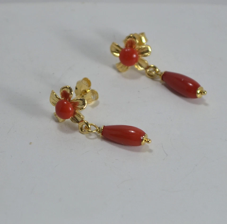 ORECCHINI ARGENTO 925 DORATO CORALLO ROSSO FIORI E PENDOLI AGHT 0910 - Immagine 2 di 3