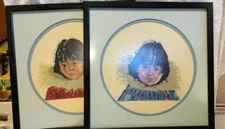 Pair Needlepoints ALASKAN CHILDREN Boy & Girl Framed Matted LOVELY