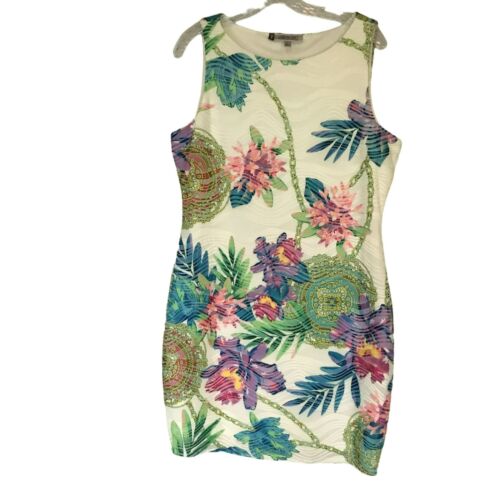 Jennifer Lopez Women's Bodycon White Tropical Flower Sleeveless Dress Sz Large