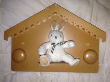 VDS VINTAGE PORTE-MANTEAU PATERE BOIS NATUREL "MOULIN ROTY" LAPIN PELUCHE 31X22