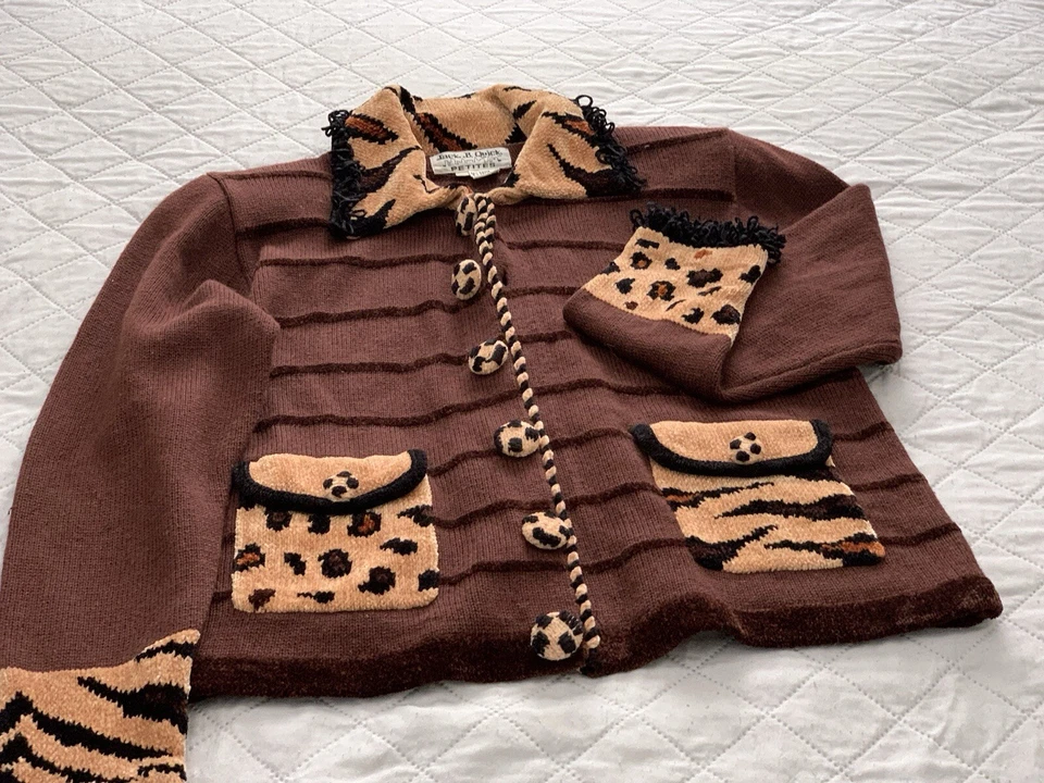 Cárdigan Jack B Quick Suéter Mujer Pequeño Mediano Marrón Guepardo Abotonado Foto 3 de 4