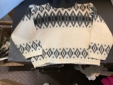 Norwegian Child Sweater, Nordic , Wool 4-5 grey black cream small flaws neck