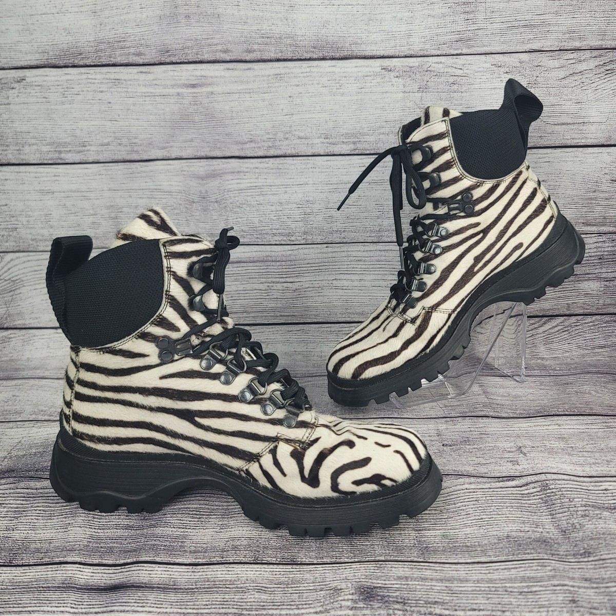 Prada Sport Zebra-Print Ponyhair Hiking Boots Size 37.5 EU Prada Sport Zebra-Print Ponyhair Hiking Boots Size 37.5 EU