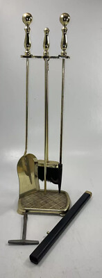 Set Vintage Brass Fireplace Tools - Shovel, Poker, Brush Has Key Lighter
