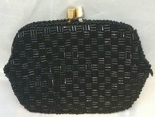 Vintage Beaded Coin Purse Black Beads Black Interior Gold Tone Metal Hardware
