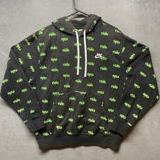 Nike Hoodie Mens Medium Black Green Sweatshirt Spell Out AOP Sun Fading on hood