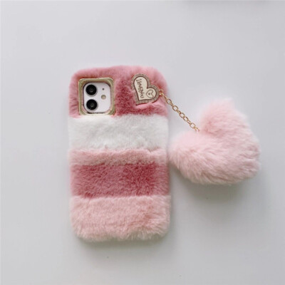 Girls Soft Plush Warm Fluffy+Heart Case Cover For iPhone 7 8 X 11 12 13 14 15 16