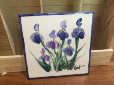 Hand Painted Tile Purple IRISES  Signed KENT 6''x6''   minorcorner glaze nicks