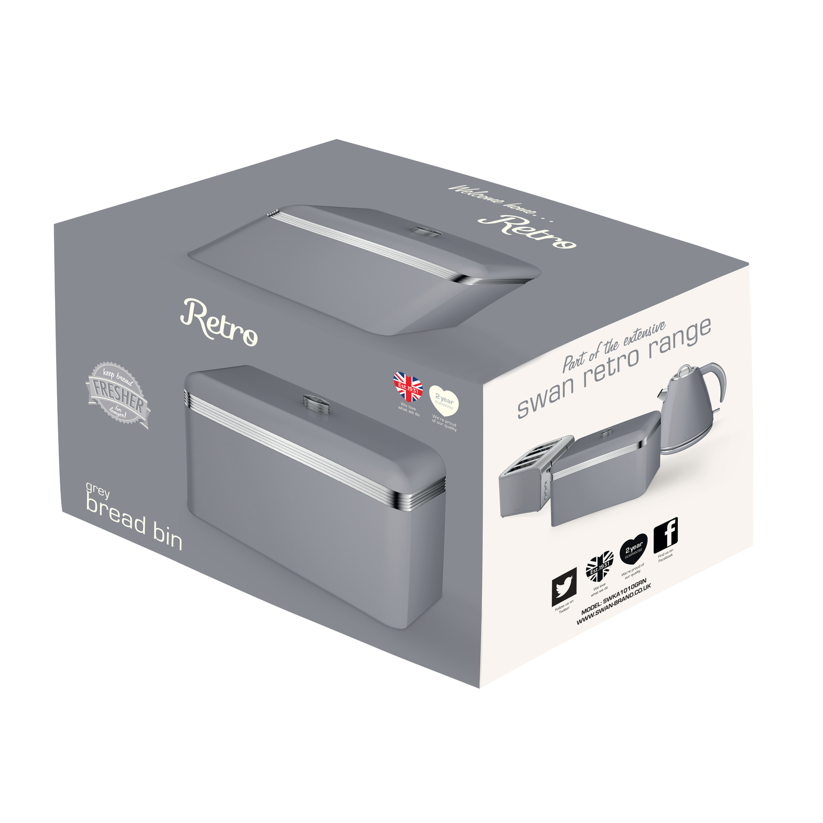 Swan Retro Grey Bread Bin Fresh Baked Goods Loaf Kitchen Food Storage