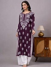 Women's Wine Rayon Chikankari Straight Kurta Hand Work, Ethnic Kurta