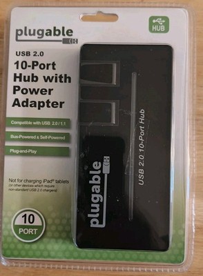 Plugable 10-Port USB 2.0 Hub, 20W power Adapter and Two Flip Up Ports