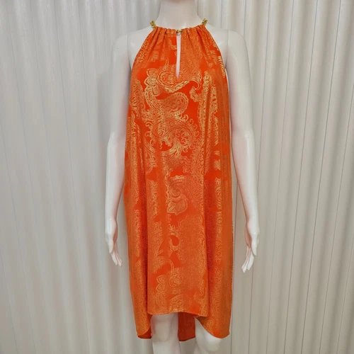 Abito smanicato Michael Kors donna oro papavero paisley scollo a catena taglia XS.