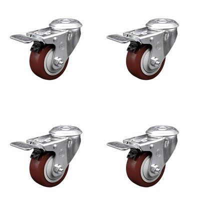 3 Inch Maroon Polyurethane Swivel Bolt Hole Caster Set with Total Lock Brake SCC