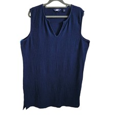 Lands End Women's Size L Swimsuit Cover Up Tunic Dress Blue 100 Cotton Crepe