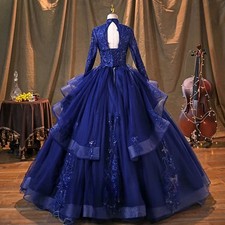 Customized Special Blue Wedding Dresses V Neck Long Beaded Studded Long Sleeve 