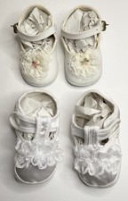 Pair Infant Girl 4 Sz 2 Satin Silky Button Lace Booties Hard Soft Soles Shoes