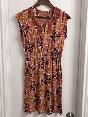Daniel Rainn Floral Dress RXP Rust Orange Pink Boho Crochet Trim Rayon Lined