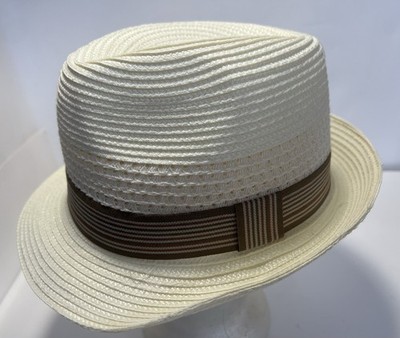 Men Short Brim Straw Fedora Hat Beach Summer Sun Hat Off White Tan Size S/M