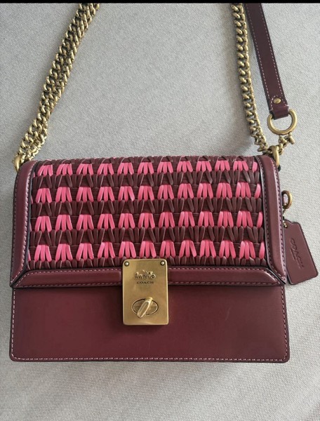 Coach Hutton Bag Burgundy Pink Woven Leather Chain Shoulder Crossbody Rare