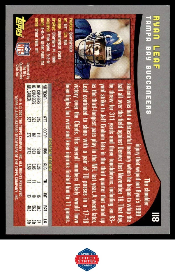 2001 Topps #118 Ryan Leaf - Image 2 of 2