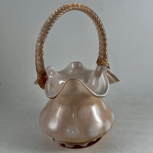 Fenton Soft Peach Cased Glass Basket Coin Dot Pattern Rope Handle Ruffled Rim