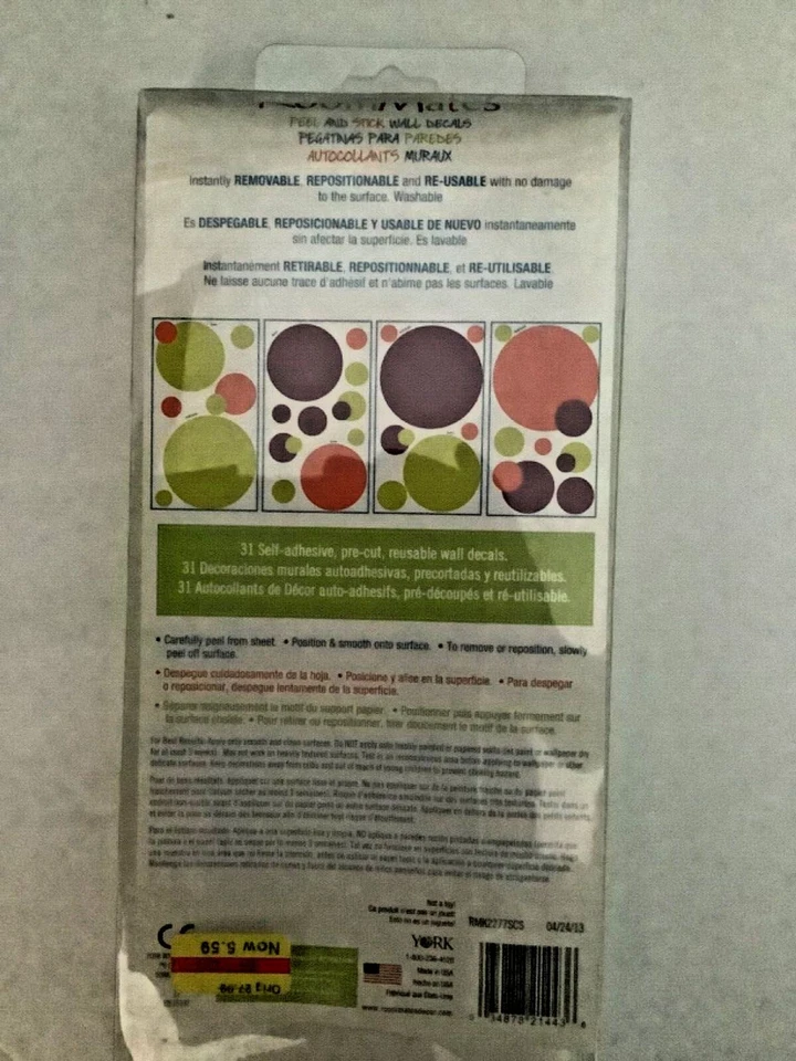 NEW RoomMates Peel and Stick Wall Decals pink, purple, green circles, girls room - Image 2 of 3