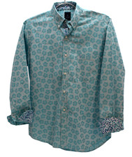 Tailorbyrd Mens Shirt M Turquoise Print Long Sleeve Cotton Contrast Flip Cuff