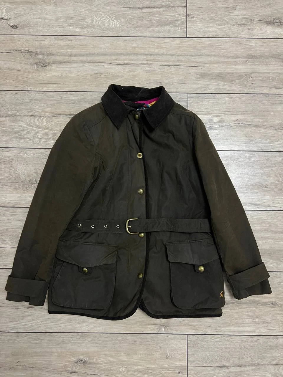 Women Joules Milbury Wax Jacket Olive Belted Waxed Country Coat UK 12 US 8 EUR M