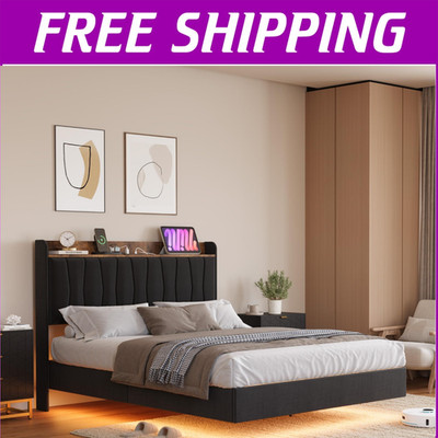  FULL QUEEN KING SIZE Floating Platform Bed Frame WCharging Station Headboard LE