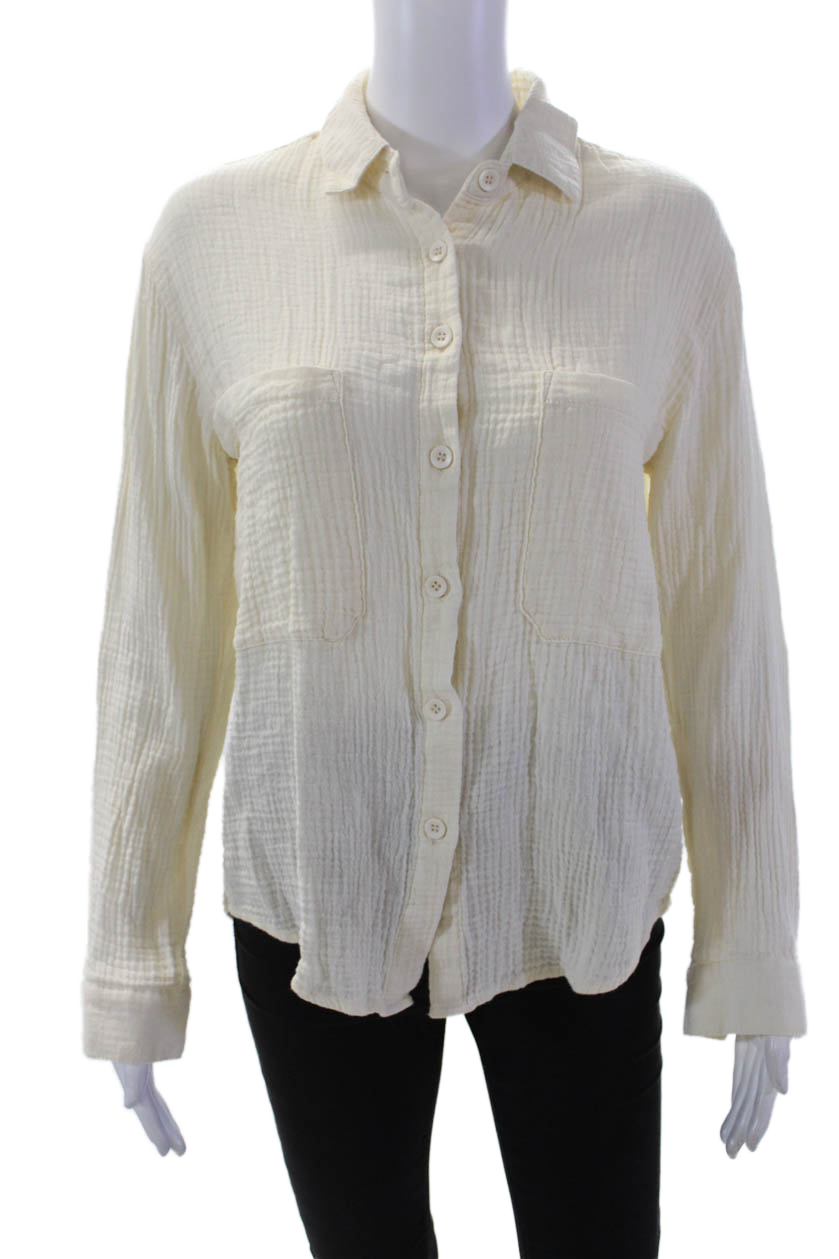 Monrow Womens Button Front Long Sleeve Collared Gauze Shirt White Size Small