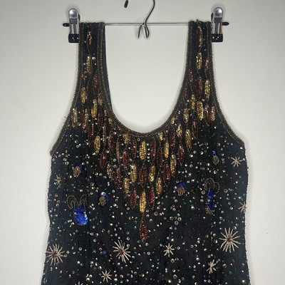 Vintage 90s Silk Beaded Dress Celestial Zodiac Horoscope Whimsigoth Black Sz 6