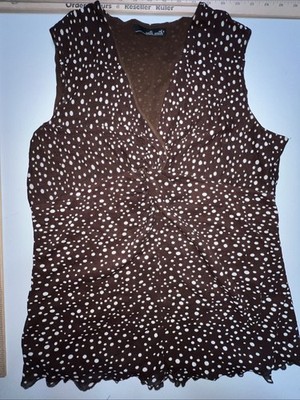 Willi Smith Blouse Women s XL Brown White Polka Dot V-Neck Sleeveless Lined