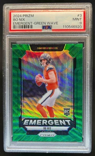 2024 Prizm Bo Nix Emergent RC Green Wave Rookie #3 Broncos PSA 9