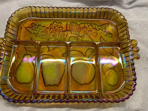 Carnival Iridescent Glass Vintage Amber Indiana Glass Company Divided Fruit Tray