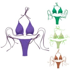 Women Sexy Lacing Bathing Suit Set Thong Beachwear Solid Color Strappy Swimwear