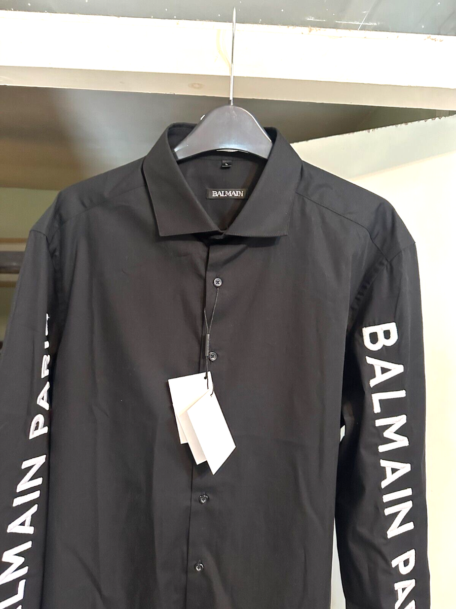 Balmain Men's Black 100% Mercerized Cotton Embroidered Long Sleeve Shirt  £600