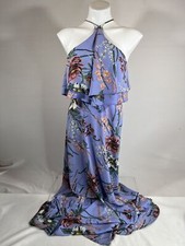 Windsor Chico Ruffle Dress Womens Small Purple Botanical Rear Zip Full Length