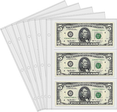 50 Sheets Currency Sleeves For Paper Money Collection 3-Pocket Banknote Pages