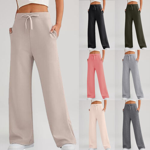 Women Drawstring Wide Leg Long Pants Lady High Waist Casual Solid Loose Trouser