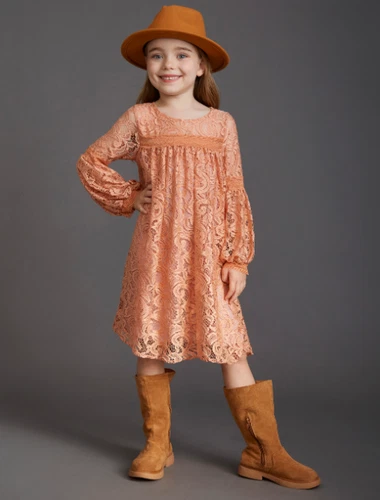 Girls Lace Long Sleeve Pink Dress Baby Kids Bohemia Princess Party Costumes - Picture 7 of 28