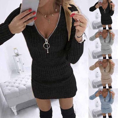 Women V Neck Knitted Sweater Bodycon 