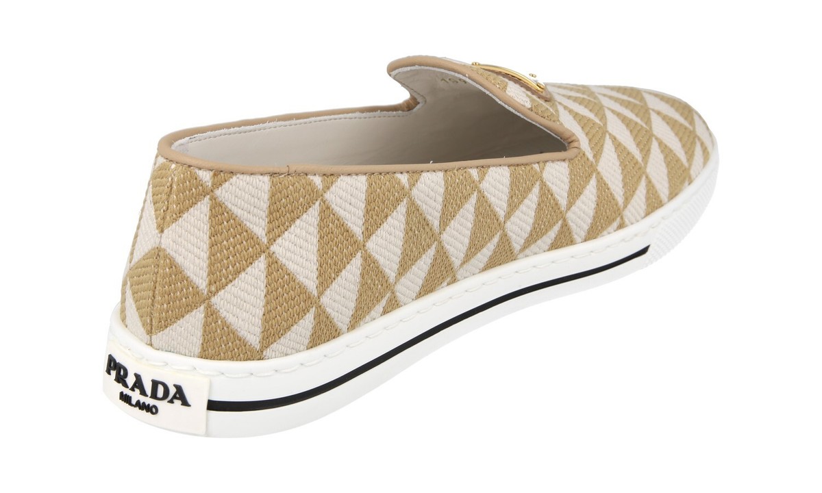 ◆PRADA◆ ロゴプレート スリッポン ローファー ベージュ PRADA SYMBOLE SLIP-ON SNEAKERS SHOES BEIGE CANVAS NEW US 7