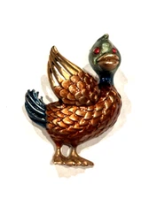 JJ JONETTE GREEN BROWN ENAMEL DUCK MALLARD RED RHINESTONE EYES 1.5" Brooch Pin