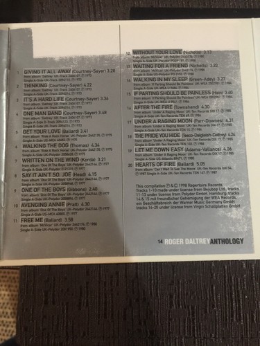 roger daltrey Anthology 1998 Repertoire Records...Import ........VERY RARE..... - Picture 5 of 5