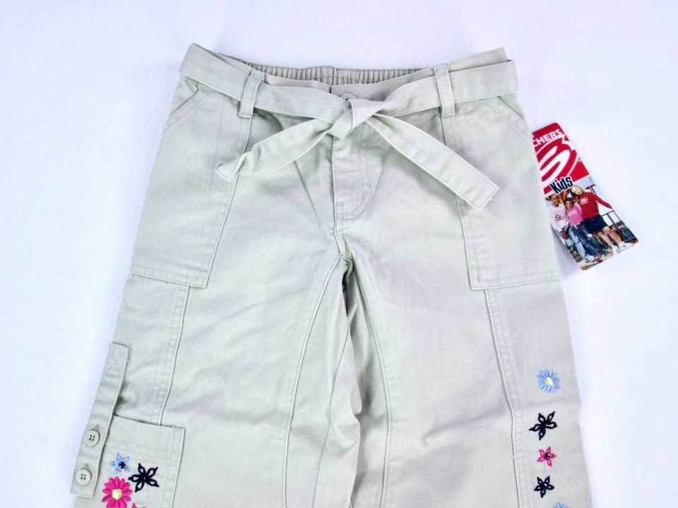 Pantalones cargo vintage Y2K Skechers niñas talla 6 caqui cinturón floral bordado nuevos Foto 3 de 4