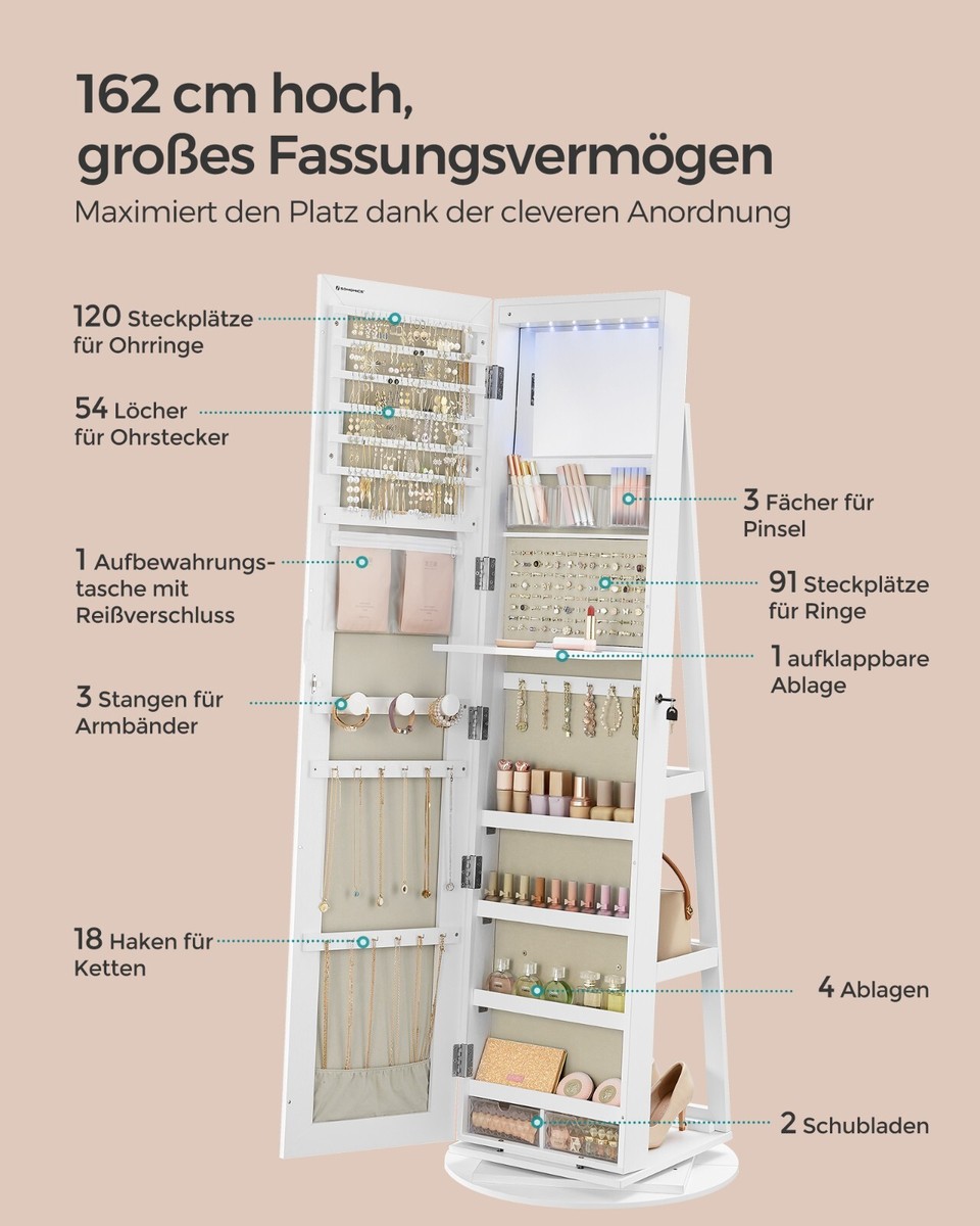 YITAHOME Schmuckschrank Mit Standspiegel Und Ganzkörperspiegel – 3 Ablagen, Um 360° Schwenkbar, Abschließbar Mit Schlüsseln, Großer Stauraum Für Schmuck, Make-up Und Mehr